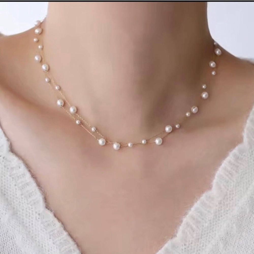 Delicate Pearl Station Gold Necklace